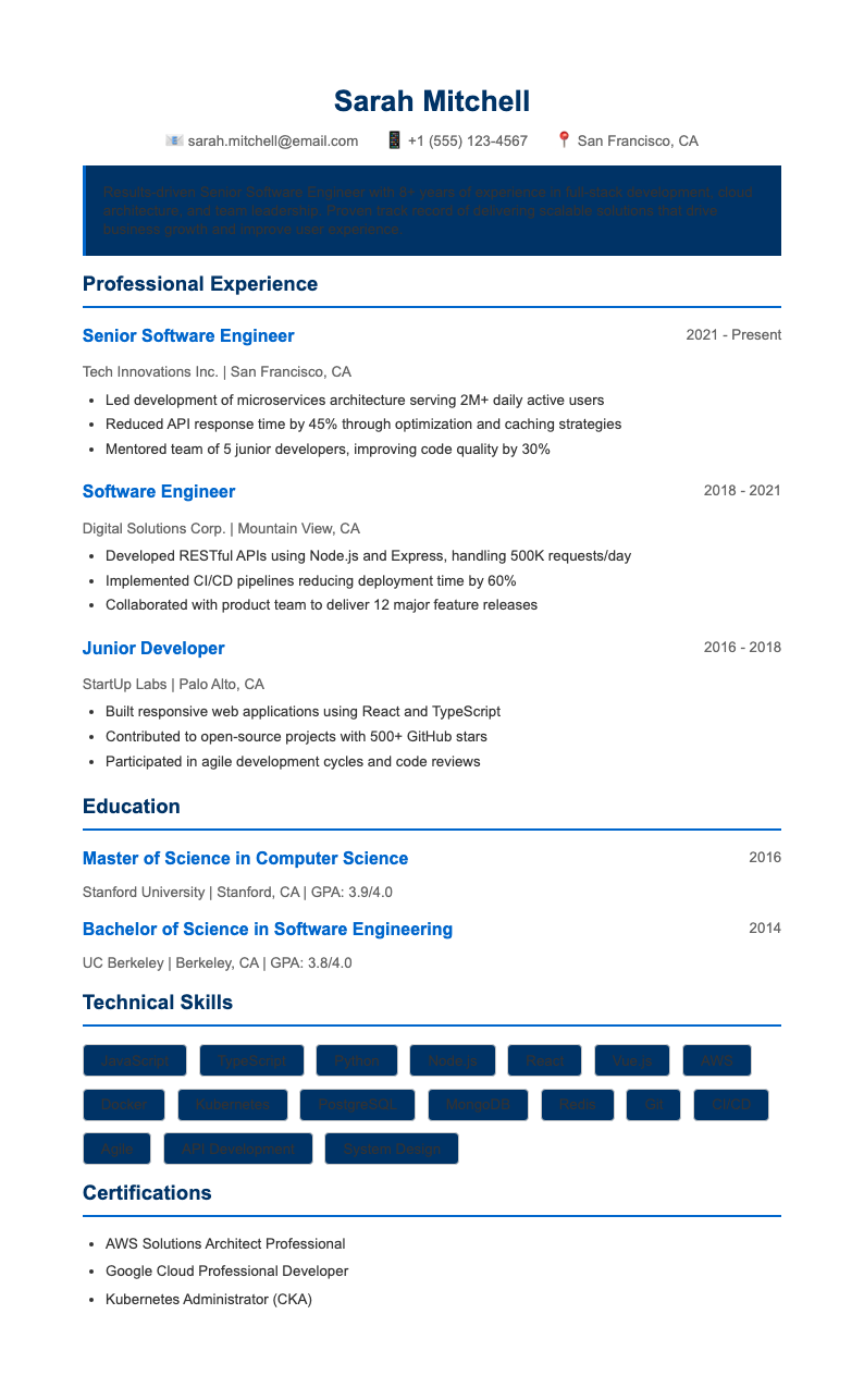 Corporate standard resume